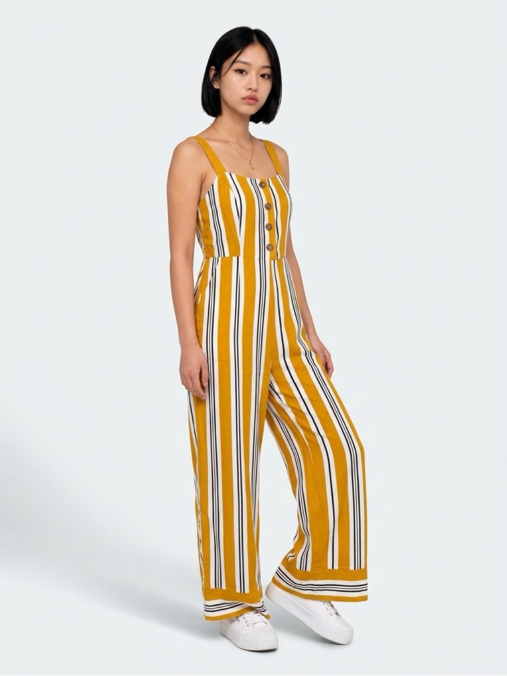Nine West Mustard and White Striped Wide-Leg Jumpsuit